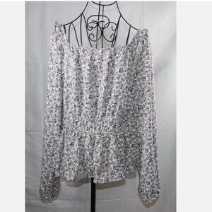 Floral Peasant Top Blouse Shirt Off Shoulder Blouse Nine West L XL Tan White
